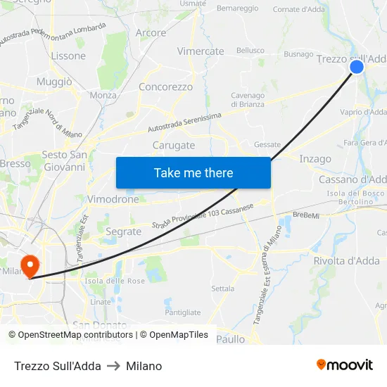 Trezzo Sull'Adda to Milan map