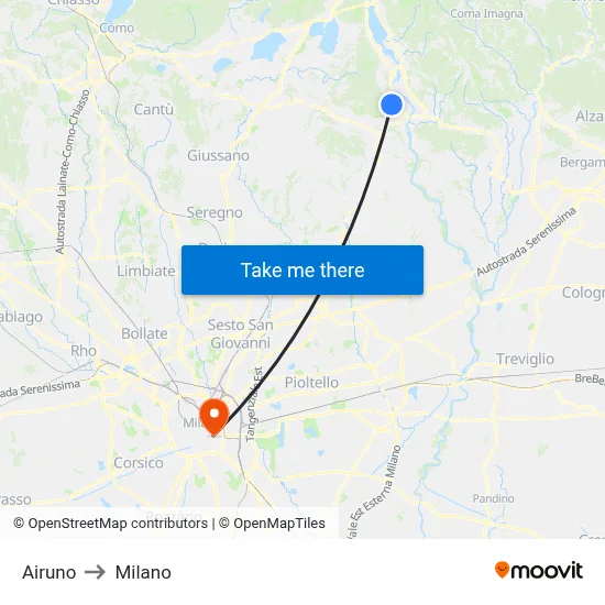 Airuno to Milan map