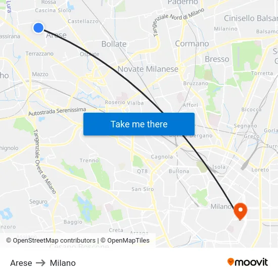 Arese to Milano map