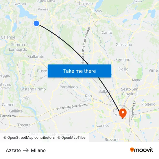 Azzate to Milan map