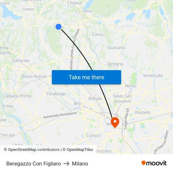 Beregazzo con Figliaro to Milano map