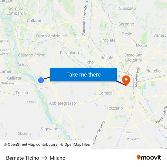 Bernate Ticino to Milano map
