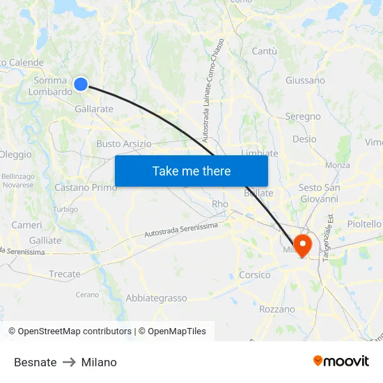 Besnate to Milano map