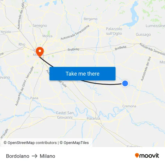 Bordolano to Milan map