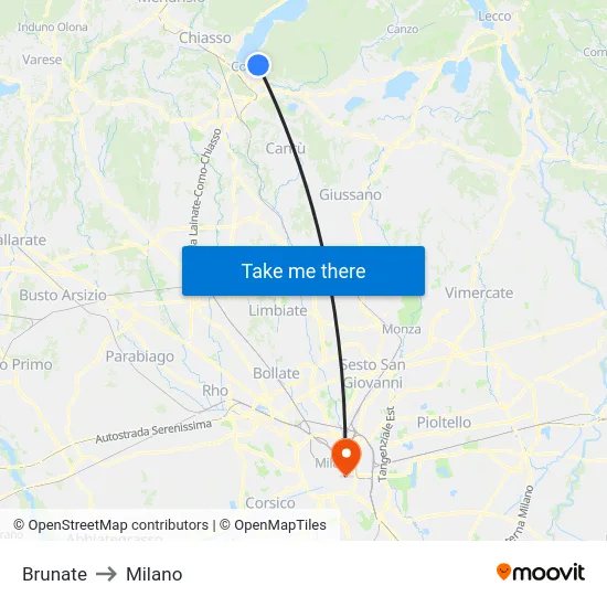 Brunate to Milano map