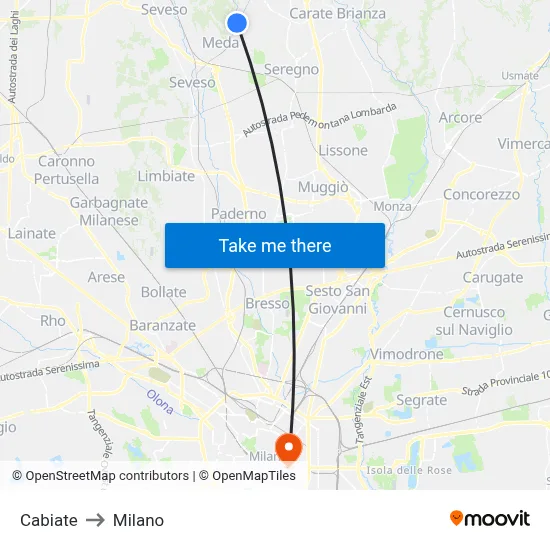 Cabiate to Milan map