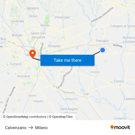 Calvenzano to Milano map