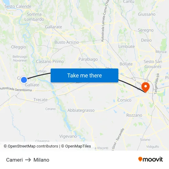 Cameri to Milano map