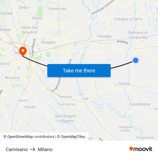 Camisano to Milan map
