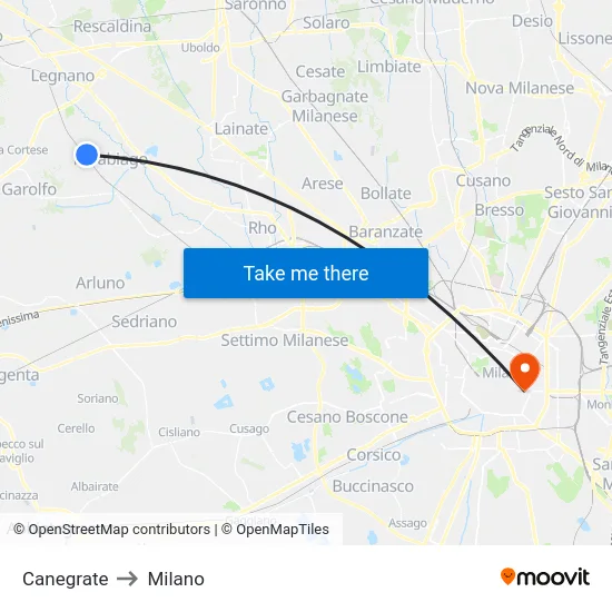 Canegrate to Milano map