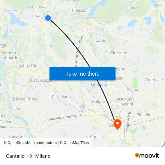 Cantello to Milano map