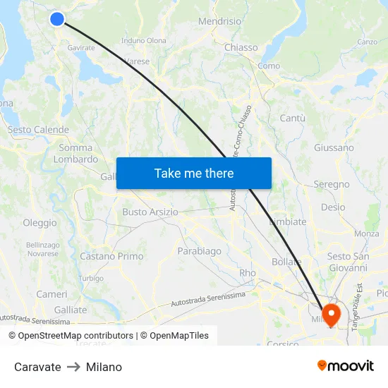 Caravate to Milano map