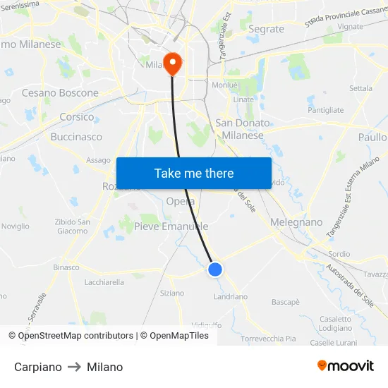 Carpiano to Milano map