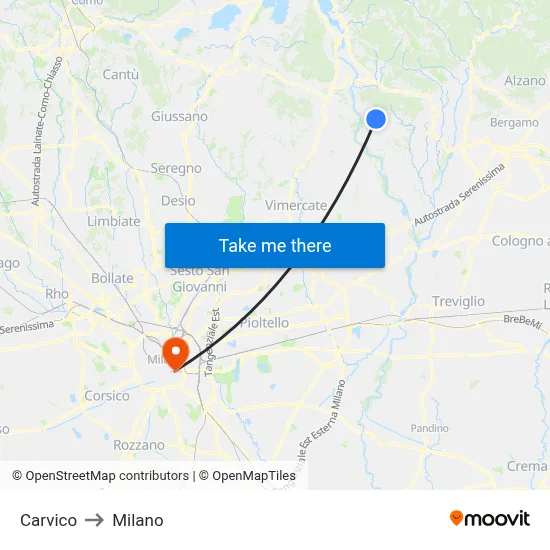 Carvico to Milano map