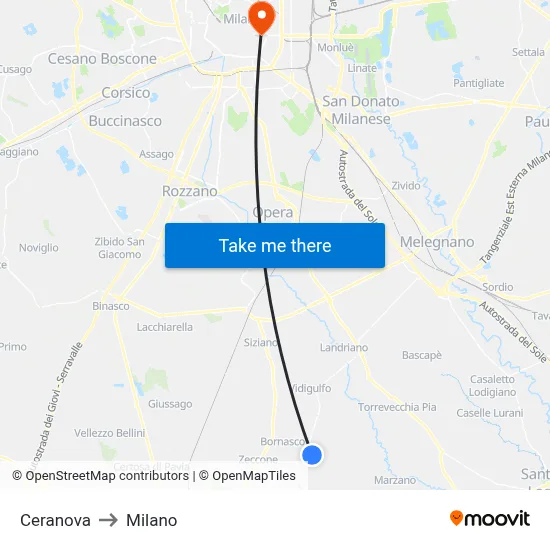 Ceranova to Milano map