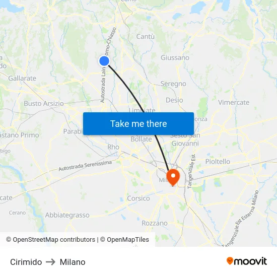 Cirimido to Milano map