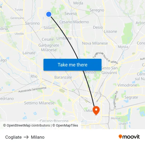 Cogliate to Milano map