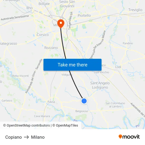 Copiano to Milano map