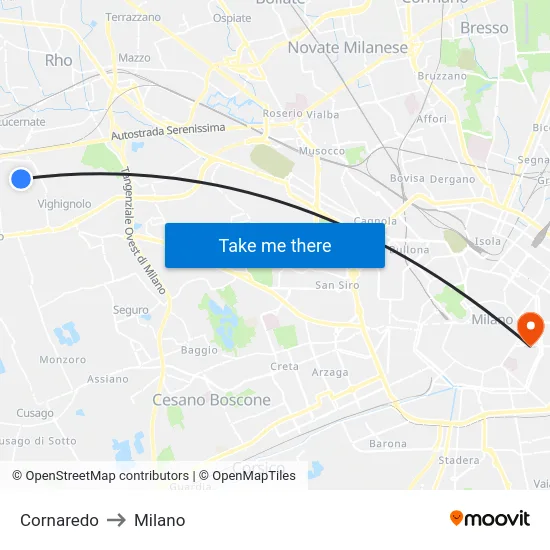 Cornaredo to Milan map