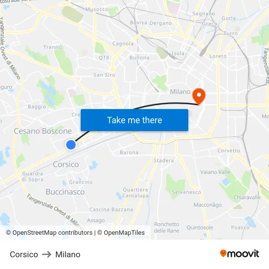 Corsico to Milan map