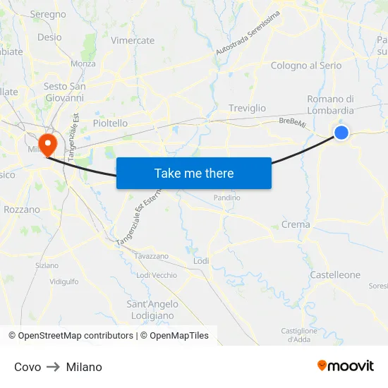 Covo to Milan map