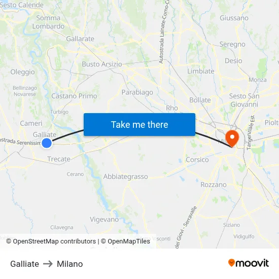 Galliate to Milano map