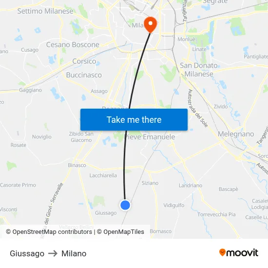 Giussago to Milano map