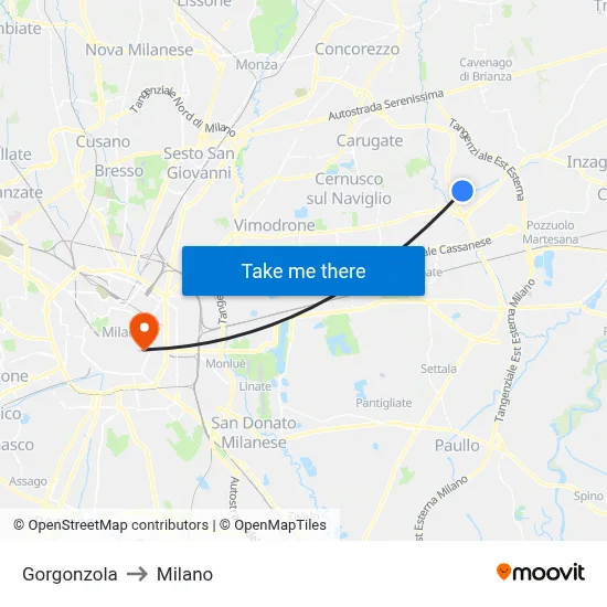 Gorgonzola to Milano map