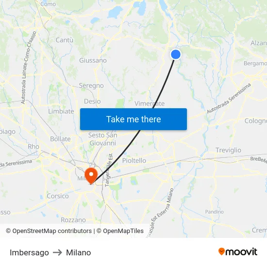 Imbersago to Milano map