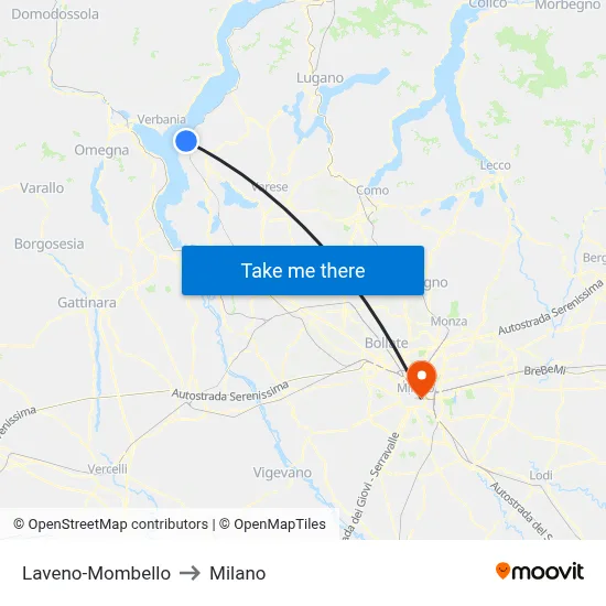 Laveno-Mombello to Milano map