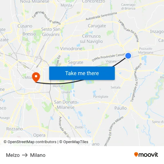 Melzo to Milan map