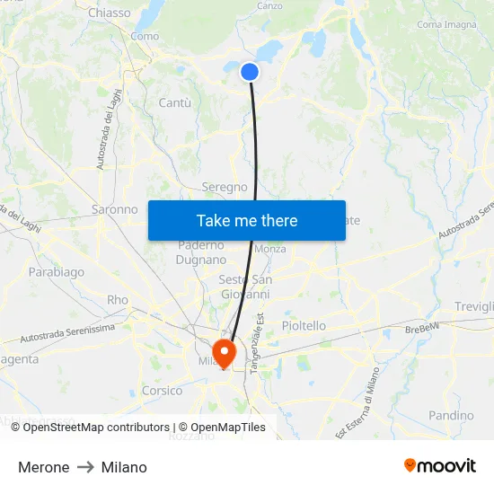 Merone to Milan map