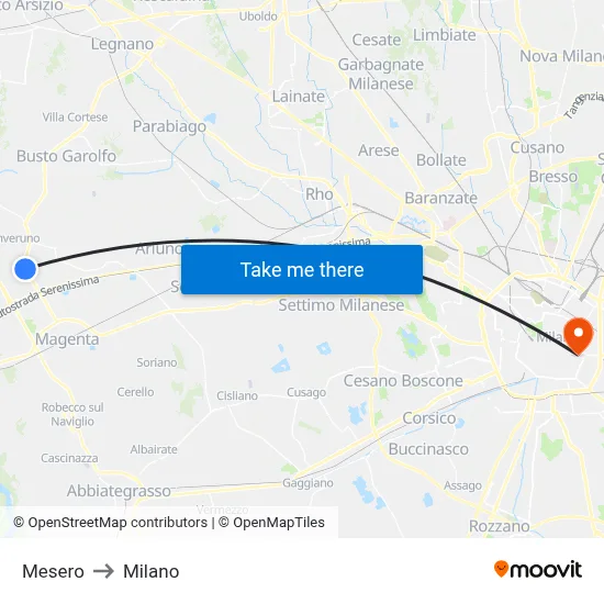 Mesero to Milan map