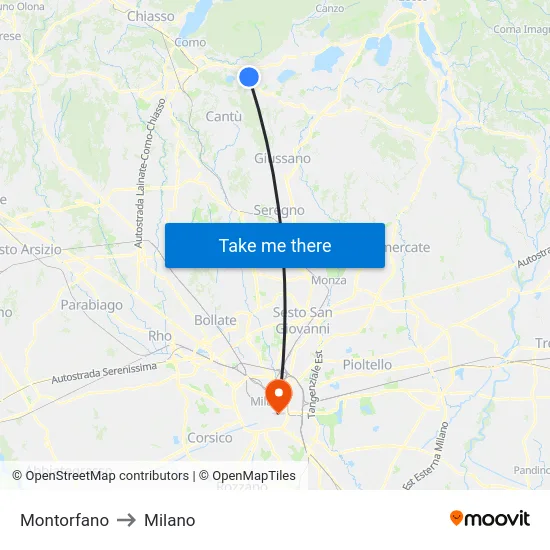 Montorfano to Milan map