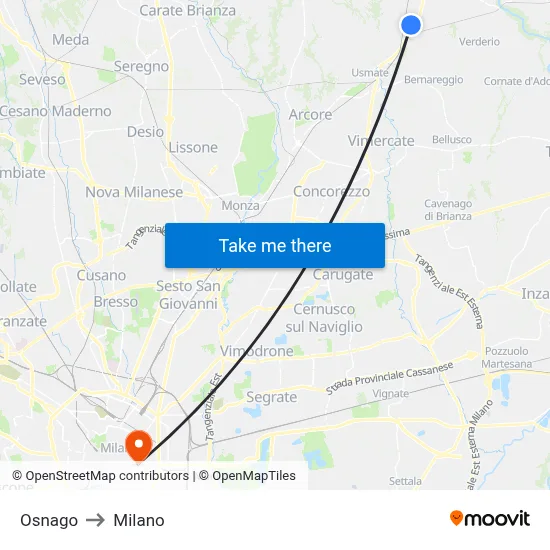 Osnago to Milano map