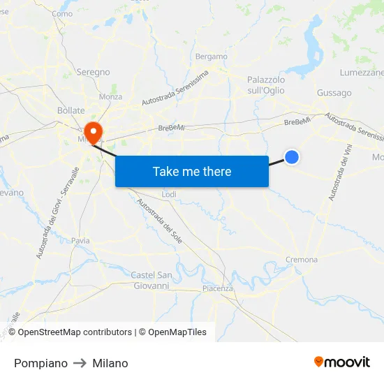 Pompiano to Milano map
