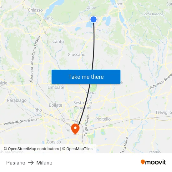 Pusiano to Milan map