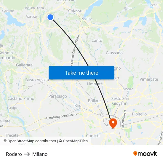 Rodero to Milano map