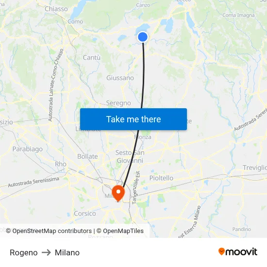 Rogeno to Milano map