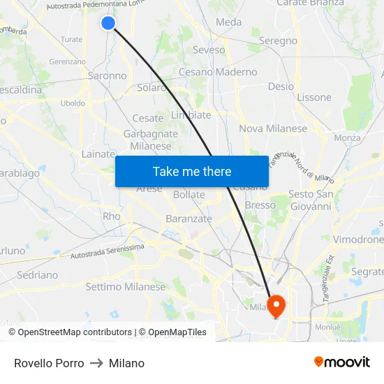 Rovello Porro to Milano map