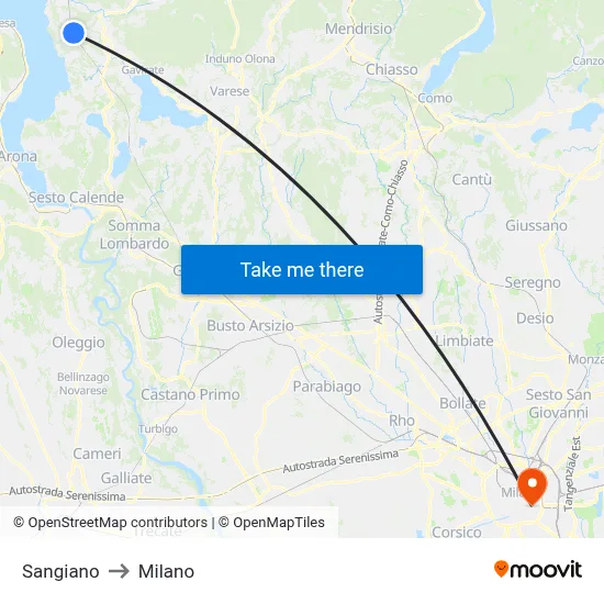Sangiano to Milano map