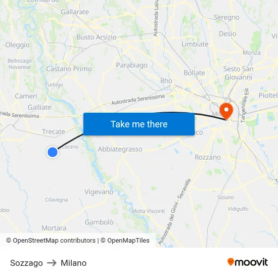 Sozzago to Milan map