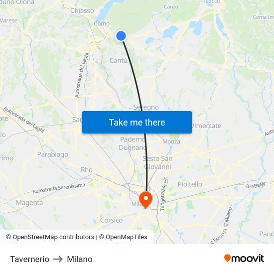 Tavernerio to Milan map
