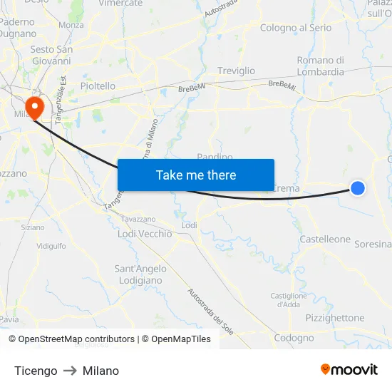 Ticengo to Milan map