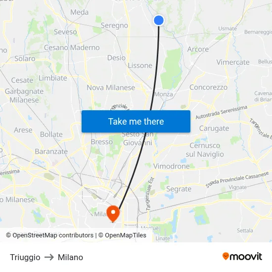 Triuggio to Milano map