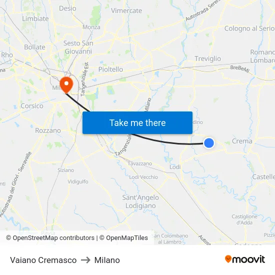 Vaiano Cremasco to Milan map
