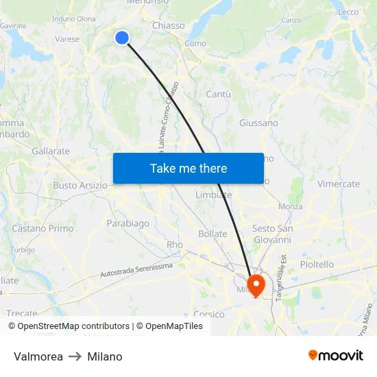 Valmorea to Milano map
