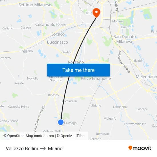 Vellezzo Bellini to Milano map