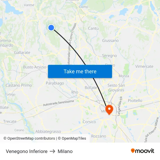 Venegono Inferiore to Milan map