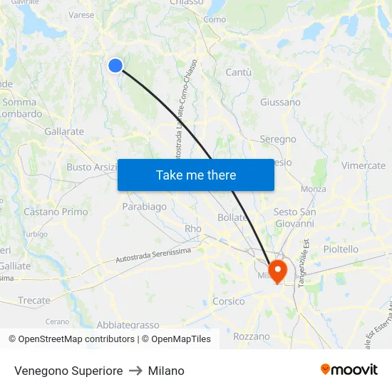 Venegono Superiore to Milan map